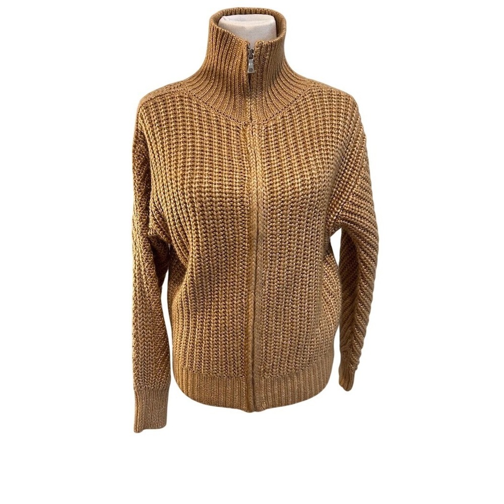 Ann‎ Taylor Womens Camel Tan Shaker Stitch Full Zip High Neck Sweater Cardigan M